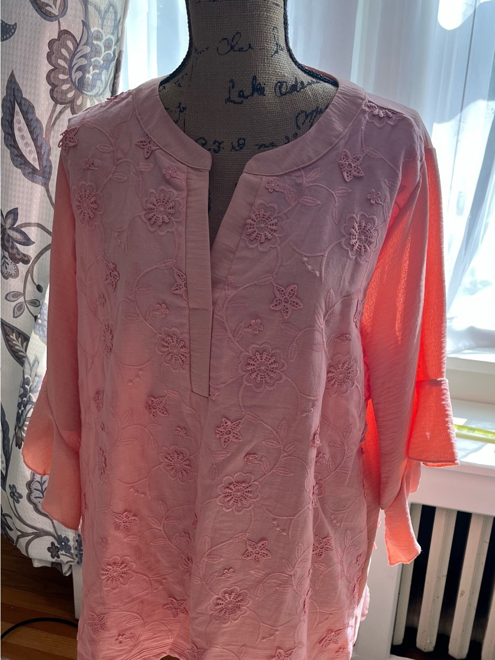 Women's Pink Embroidered Split-Neck Blouse